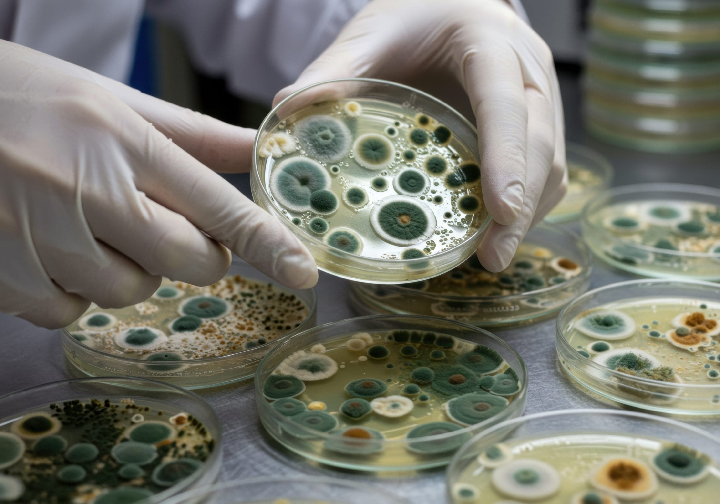 Multiple petri dishes with gray, green, and white mold growing all over them. Someone is holding one up with white gloves.
