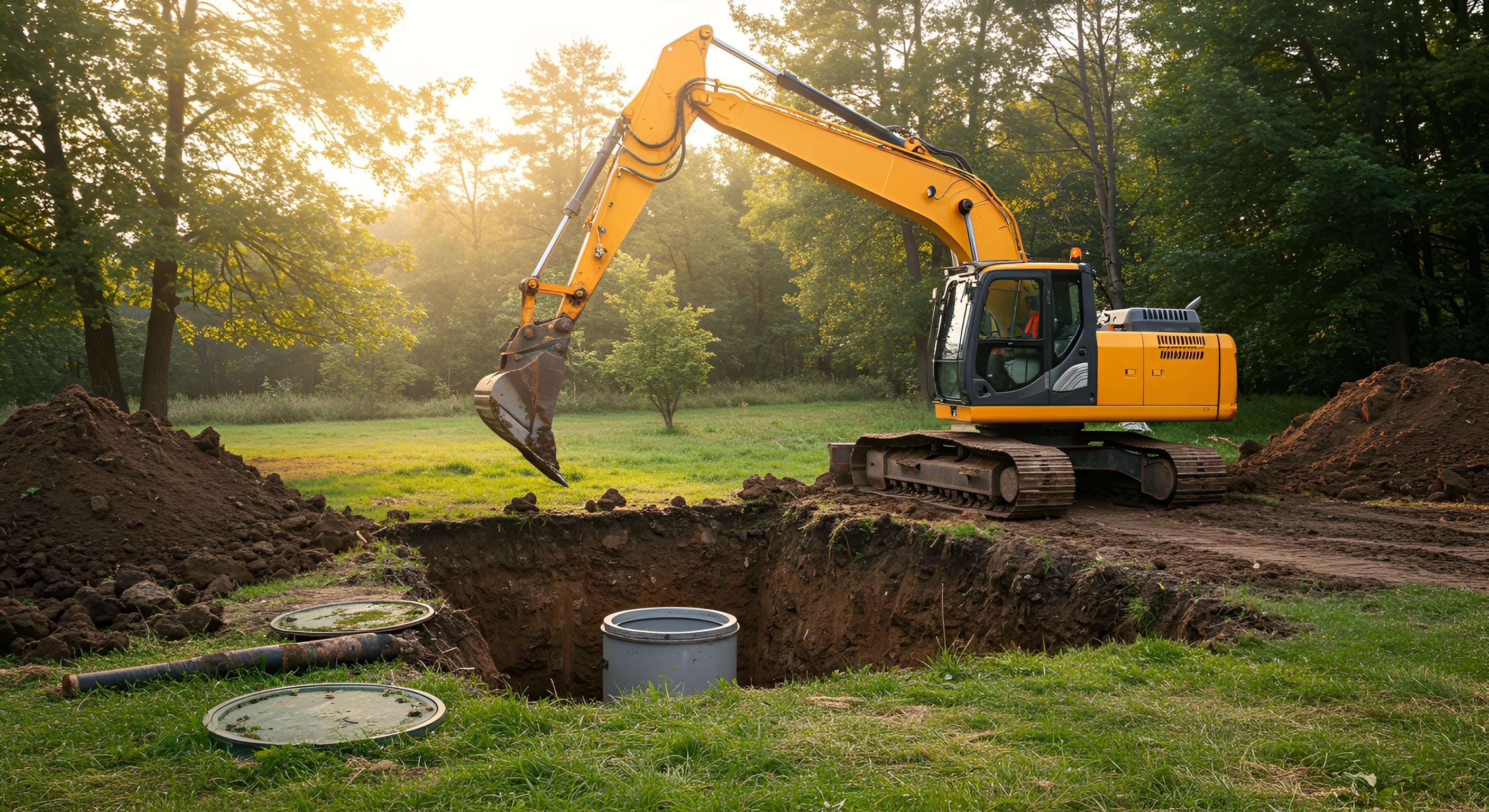 An excavator next to a large square-shaped hole in a grassy area with a big bucket in the hole.