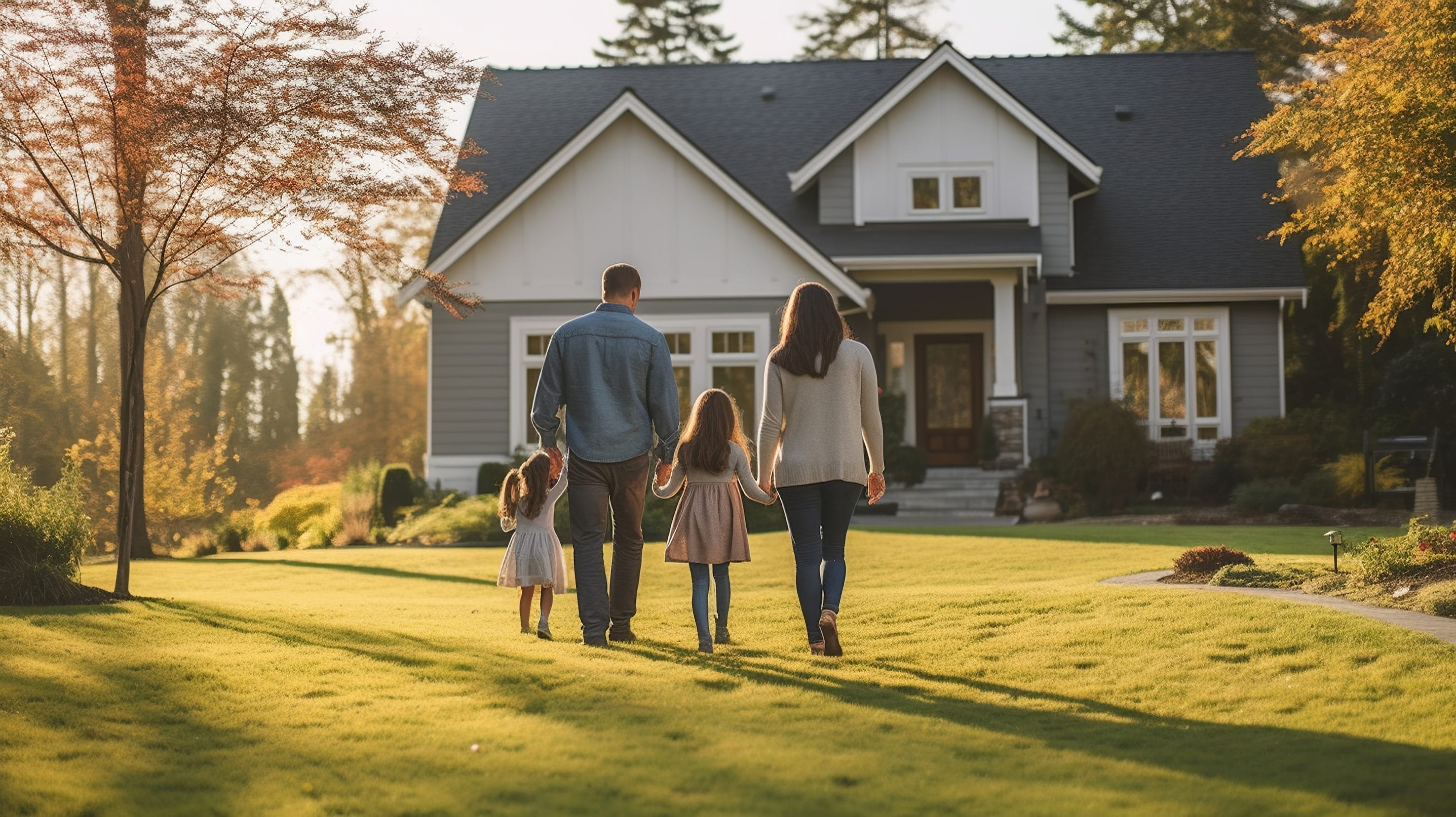 A family of four walking on the grass, away from the camera to their nice home.