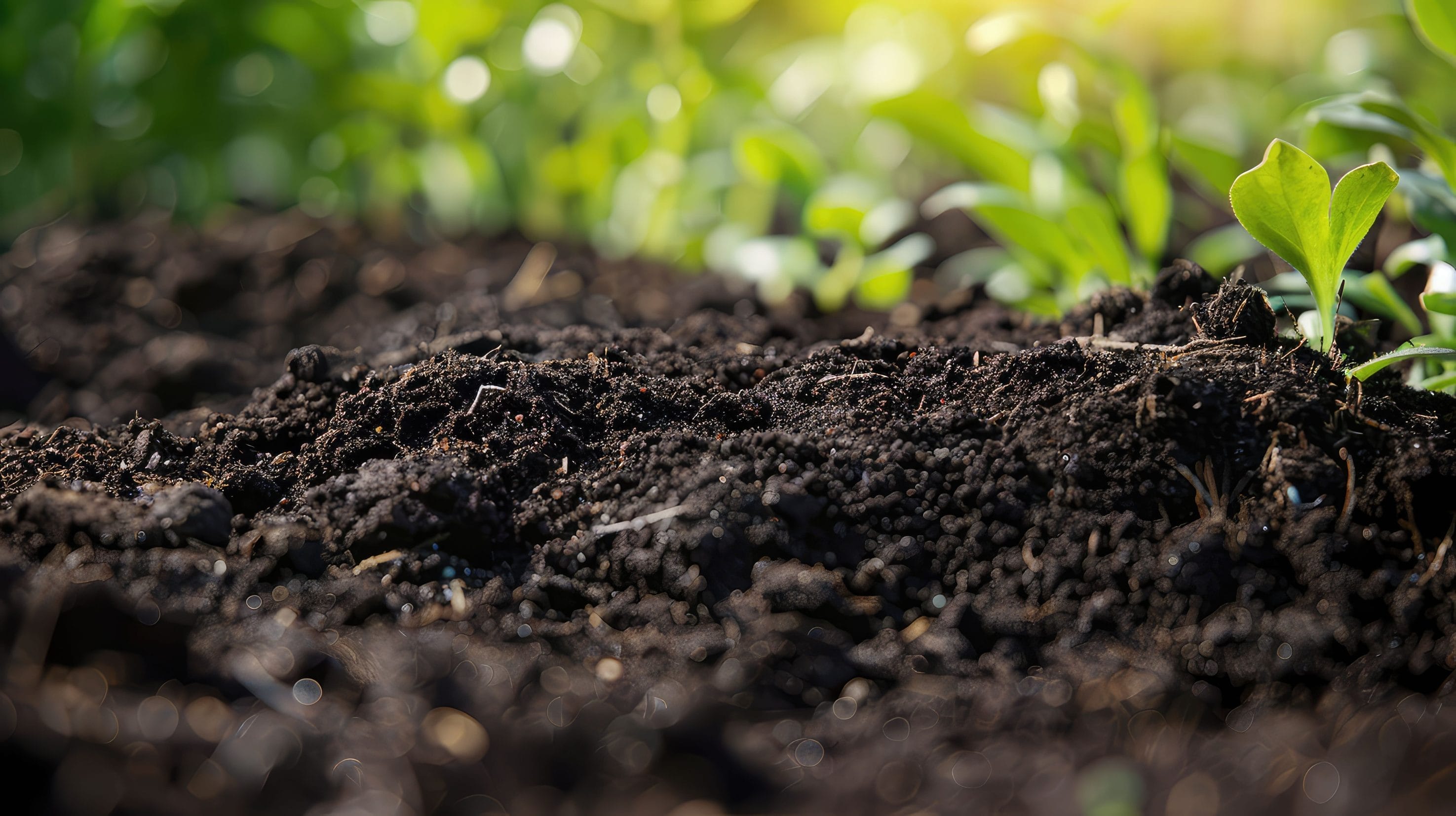 A close up shot of soil with grass coming out of it in the background.